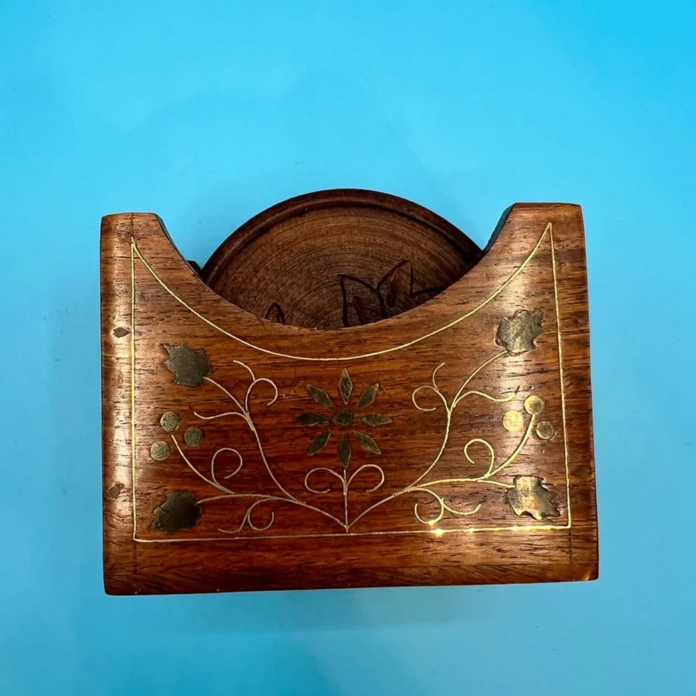 Brown Wooden Floral Coaster Set with Holder